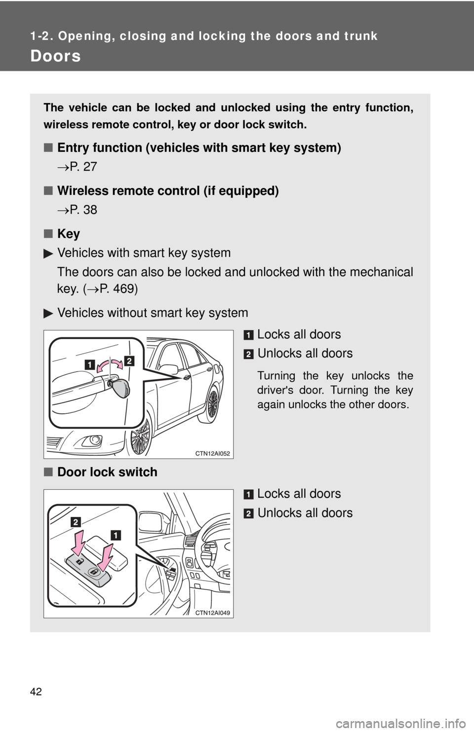 TOYOTA CAMRY 2010 XV40 / 8.G Service Manual 42
1-2. Opening, closing and locking the doors and trunk
Doors
The vehicle can be locked and unlocked using the entry function,
wireless remote control, key or door lock switch.
■Entry function (veh TOYOTA CAMRY 2010 XV40 / 8.G Service Manual 42
1-2. Opening, closing and locking the doors and trunk
Doors
The vehicle can be locked and unlocked using the entry function,
wireless remote control, key or door lock switch.
■Entry function (veh