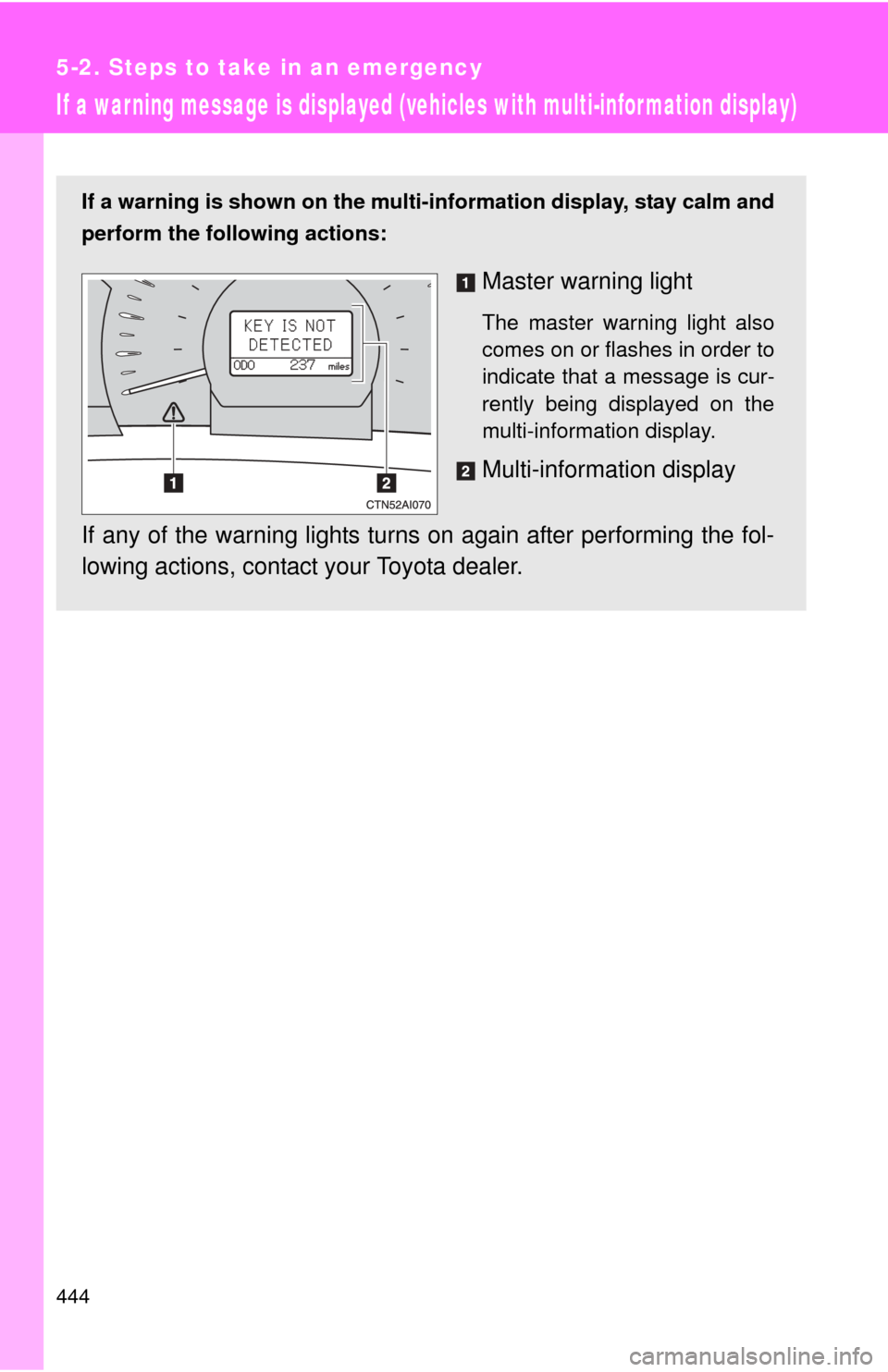 TOYOTA CAMRY 2010 XV40 / 8.G Owners Manual 444
5-2. Steps to take in an emergency
If a war ning message is displayed (vehicles with multi-infor mation display)
If a warning is shown on the multi-information display, stay calm and
perform the f TOYOTA CAMRY 2010 XV40 / 8.G Owners Manual 444
5-2. Steps to take in an emergency
If a war ning message is displayed (vehicles with multi-infor mation display)
If a warning is shown on the multi-information display, stay calm and
perform the f