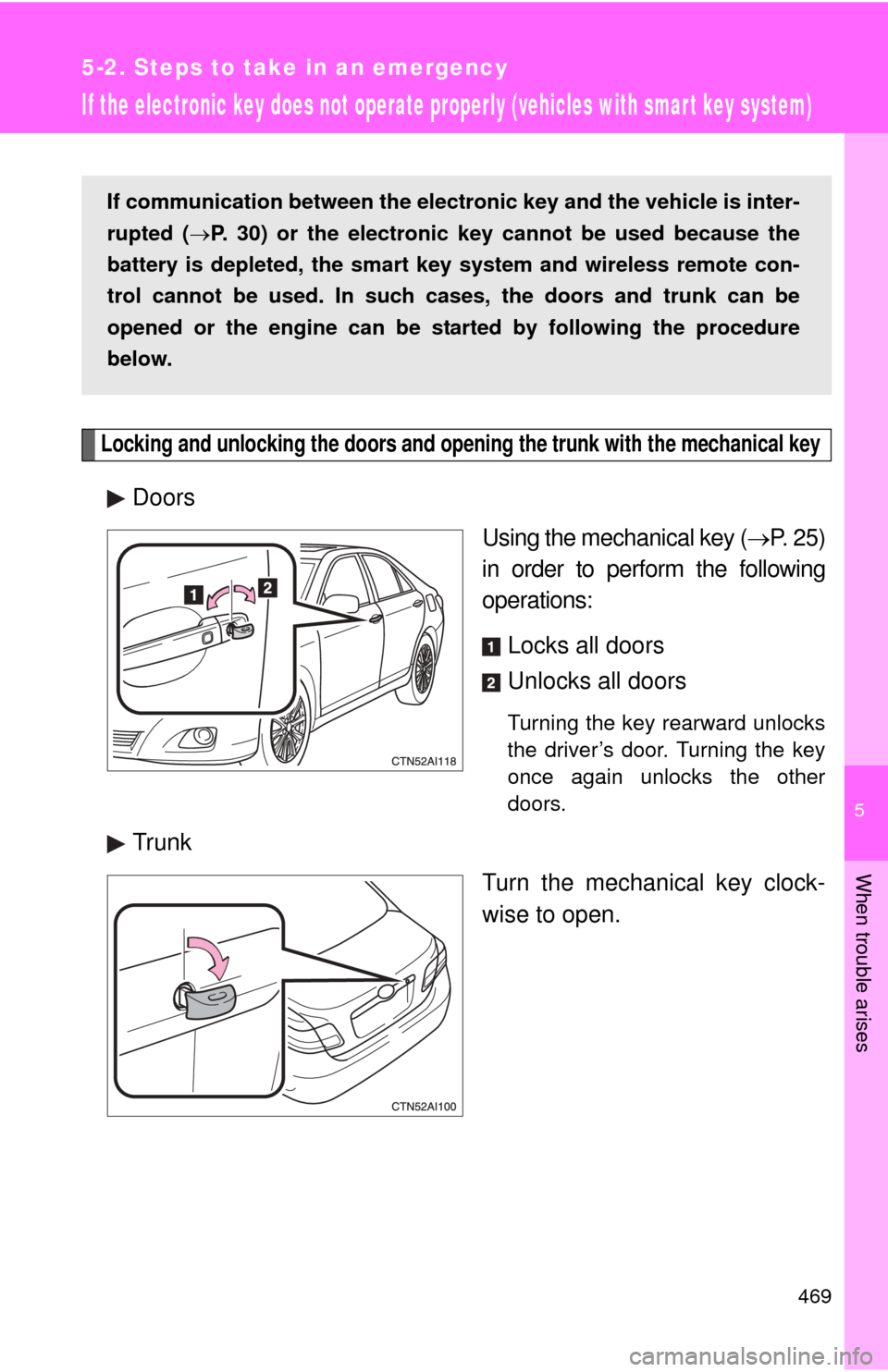 TOYOTA CAMRY 2010 XV40 / 8.G Owners Manual 5
When trouble arises
469
5-2. Steps to take in an emergency
If the electronic key does not operate properly (vehicles with smart key system)
Locking and unlocking the doors and opening the trunk with TOYOTA CAMRY 2010 XV40 / 8.G Owners Manual 5
When trouble arises
469
5-2. Steps to take in an emergency
If the electronic key does not operate properly (vehicles with smart key system)
Locking and unlocking the doors and opening the trunk with