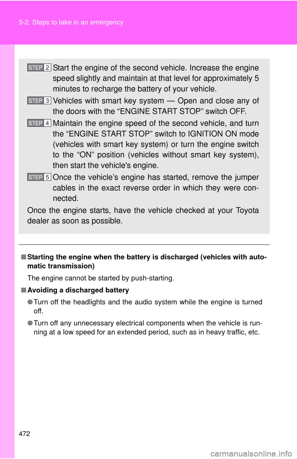TOYOTA CAMRY 2010 XV40 / 8.G Owners Manual 472 5-2. Steps to take in an emergency
■Starting the engine when the battery is discharged (vehicles with auto-
matic transmission)
The engine cannot be started by push-starting.
■ Avoiding a dis TOYOTA CAMRY 2010 XV40 / 8.G Owners Manual 472 5-2. Steps to take in an emergency
■Starting the engine when the battery is discharged (vehicles with auto-
matic transmission)
The engine cannot be started by push-starting.
■ Avoiding a dis