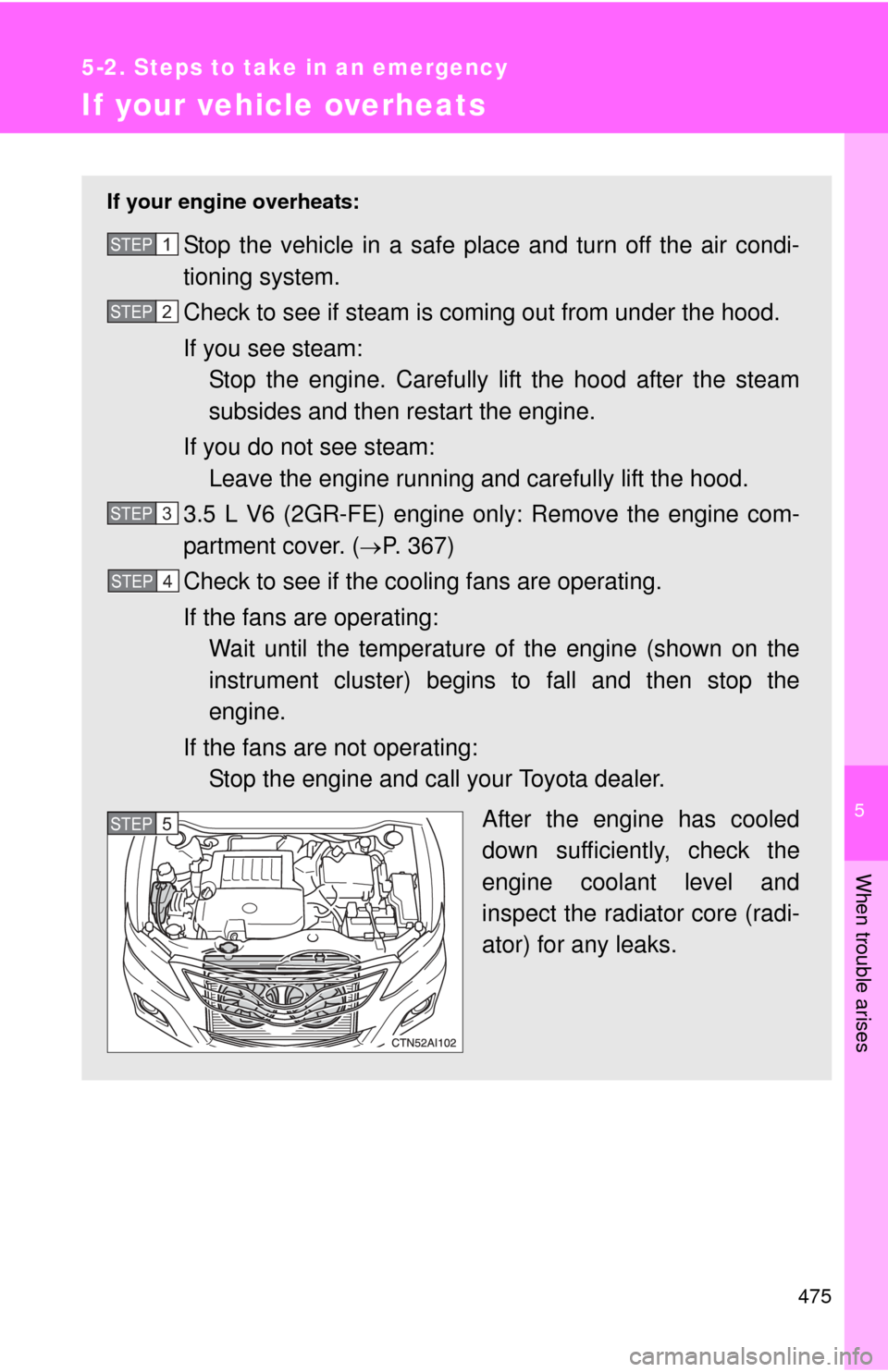 TOYOTA CAMRY 2010 XV40 / 8.G Owners Manual 5
When trouble arises
475
5-2. Steps to take in an emergency
If your vehicle overheats
If your engine overheats:
Stop the vehicle in a safe place and turn off the air condi-
tioning system.
Check to s TOYOTA CAMRY 2010 XV40 / 8.G Owners Manual 5
When trouble arises
475
5-2. Steps to take in an emergency
If your vehicle overheats
If your engine overheats:
Stop the vehicle in a safe place and turn off the air condi-
tioning system.
Check to s