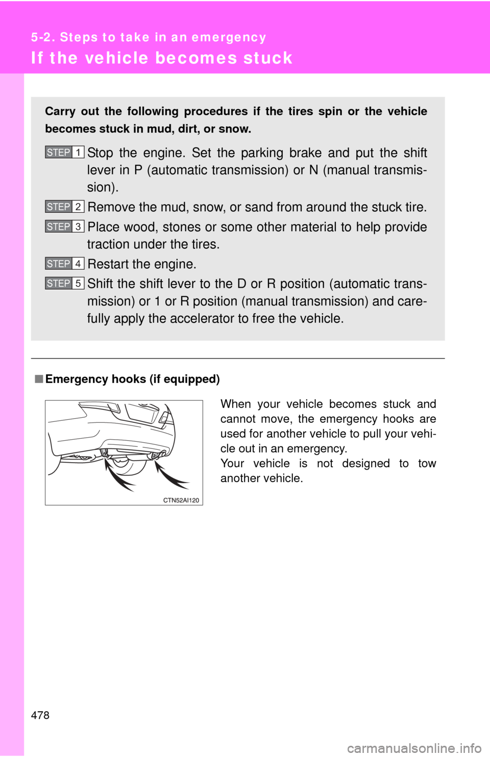 TOYOTA CAMRY 2010 XV40 / 8.G Owners Manual 478
5-2. Steps to take in an emergency
If the vehicle becomes stuck
■Emergency hooks (if equipped)
Carry out the following procedures if the tires spin or the vehicle
becomes stuck in mud, dirt, or TOYOTA CAMRY 2010 XV40 / 8.G Owners Manual 478
5-2. Steps to take in an emergency
If the vehicle becomes stuck
■Emergency hooks (if equipped)
Carry out the following procedures if the tires spin or the vehicle
becomes stuck in mud, dirt, or