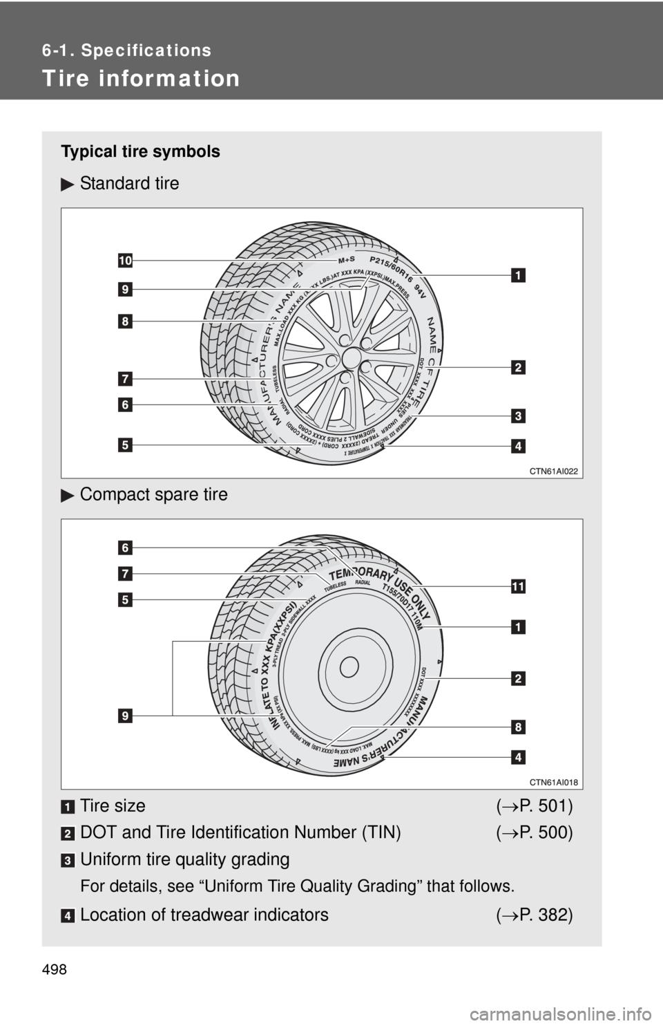 TOYOTA CAMRY 2010 XV40 / 8.G Owners Manual 498
6-1. Specifications
Tire infor mation
Typical tire symbols
Standard tire
Compact spare tire
Tire size (P. 501)
DOT and Tire Identification Number (TIN) ( P. 500)
Uniform tire quality grading