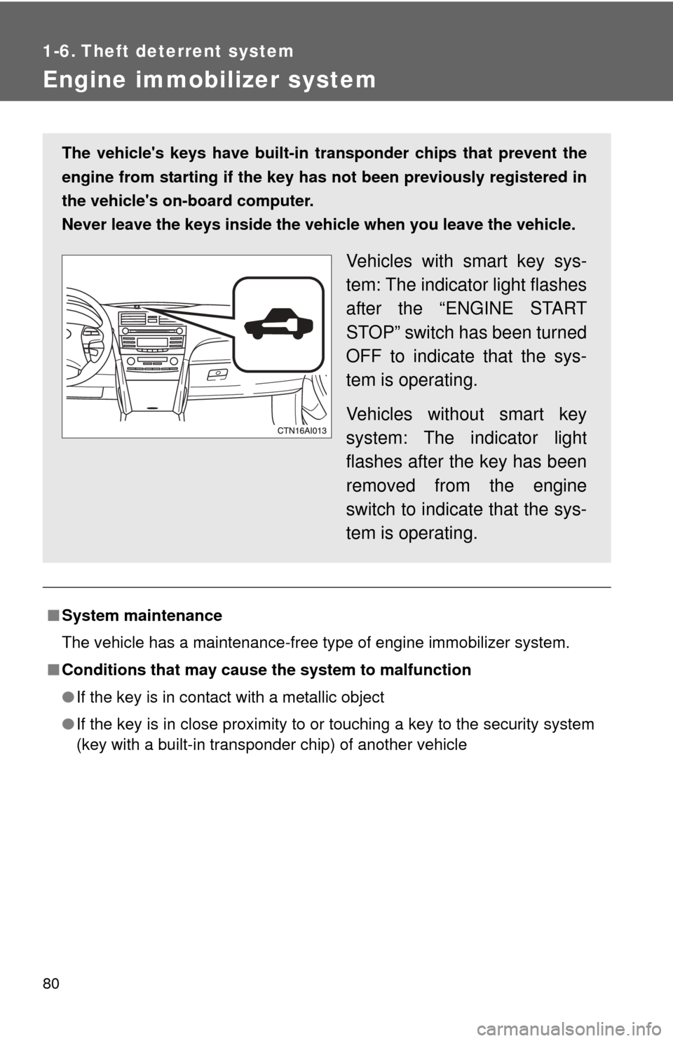 TOYOTA CAMRY 2010 XV40 / 8.G Manual PDF 80
1-6. Theft deterrent system
Engine immobilizer system
■System maintenance
The vehicle has a maintenance-free type of engine immobilizer system.
■ Conditions that may cause the system to malfunc