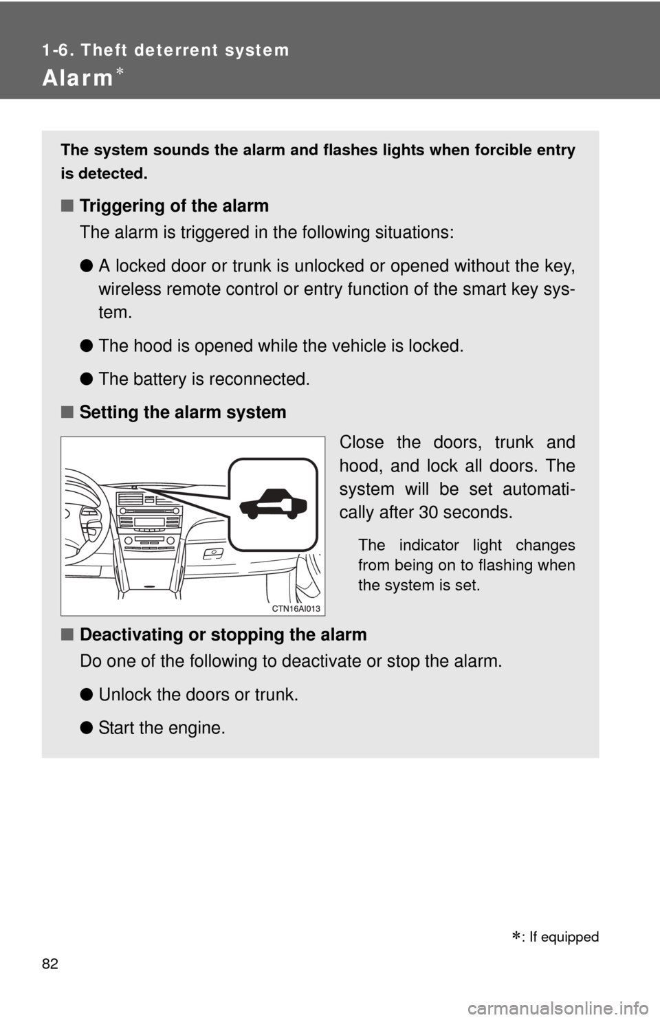 TOYOTA CAMRY 2010 XV40 / 8.G Manual Online 82
1-6. Theft deterrent system
Alarm
The system sounds the alarm and flashes lights when forcible entry
is detected.
■ Triggering of the alarm
The alarm is triggered in the following situations:
TOYOTA CAMRY 2010 XV40 / 8.G Manual Online 82
1-6. Theft deterrent system
Alarm
The system sounds the alarm and flashes lights when forcible entry
is detected.
■ Triggering of the alarm
The alarm is triggered in the following situations: