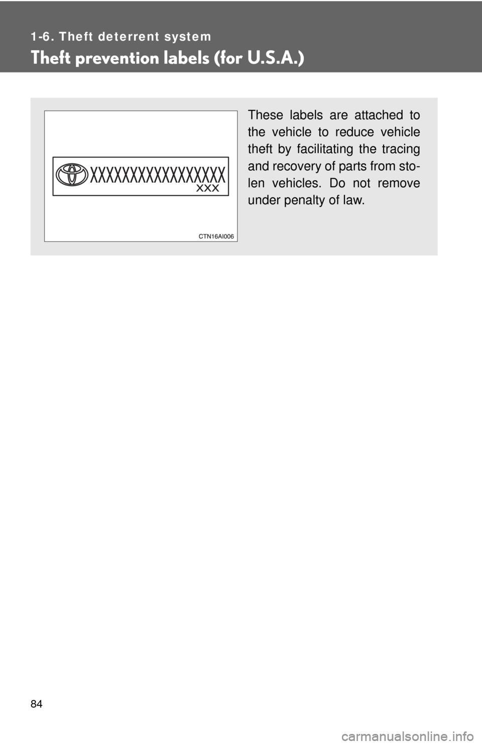 TOYOTA CAMRY 2010 XV40 / 8.G Manual Online 84
1-6. Theft deterrent system
Theft prevention labels (for U.S.A.)
These labels are attached to
the vehicle to reduce vehicle
theft by facilitating the tracing
and recovery of parts from sto-
len veh TOYOTA CAMRY 2010 XV40 / 8.G Manual Online 84
1-6. Theft deterrent system
Theft prevention labels (for U.S.A.)
These labels are attached to
the vehicle to reduce vehicle
theft by facilitating the tracing
and recovery of parts from sto-
len veh