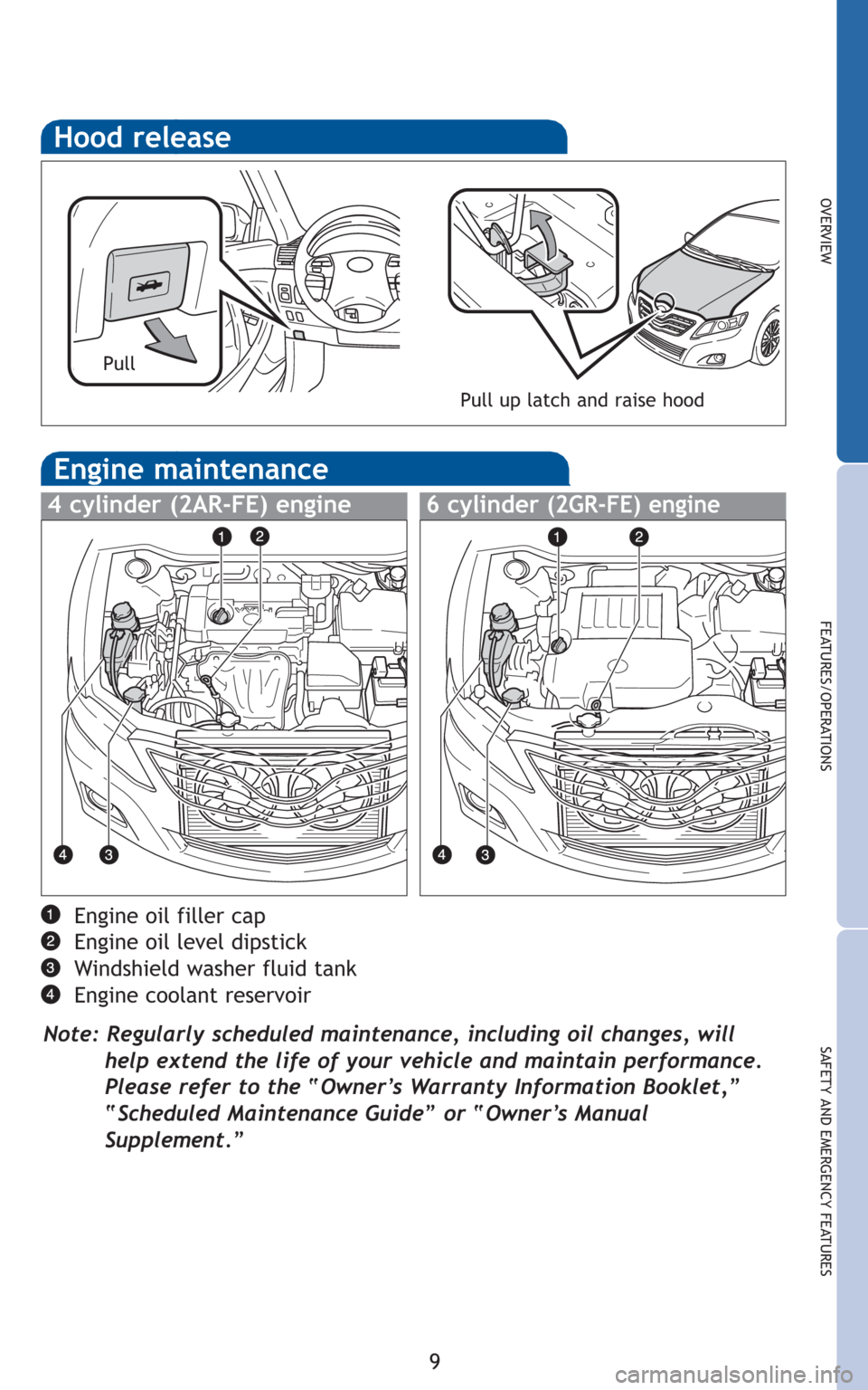 TOYOTA CAMRY 2010 XV40 / 8.G Quick Reference Guide 9
OVERVIEW
FEATURES/OPERATIONS
SAFETY AND EMERGENCY FEATURES
Hood release
Pull up latch and raise hood
Pull
Engine oil filler cap
Engine oil level dipstick
Windshield washer fluid tank
Engine coolant 