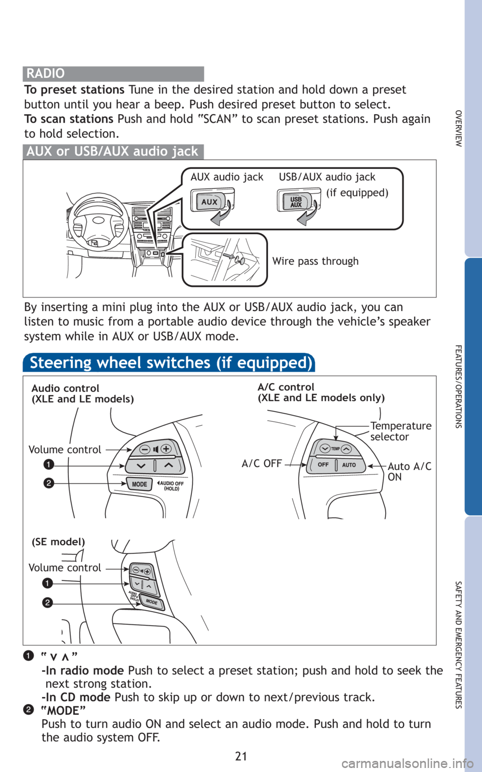 TOYOTA CAMRY 2010 XV40 / 8.G Quick Reference Guide 21
OVERVIEW
FEATURES/OPERATIONS
SAFETY AND EMERGENCY FEATURES
Steering wheel switches (if equipped)
Audio control 
(XLE and LE models)A/C control 
(XLE and LE models only)
“      ”
-In radio mode
