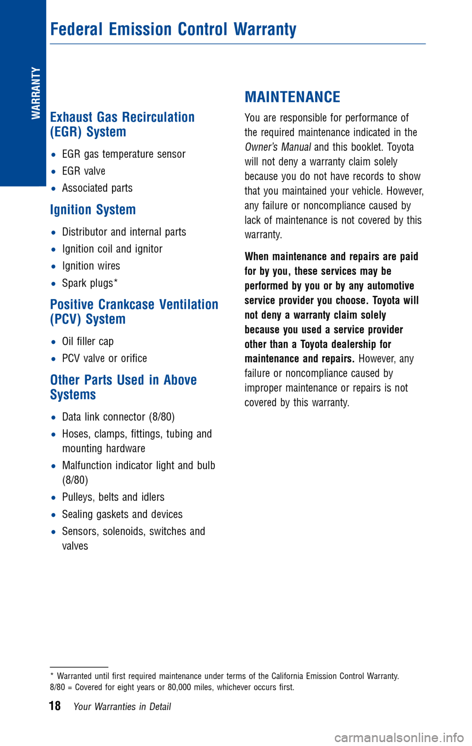 TOYOTA CAMRY 2010 XV40 / 8.G Warranty And Maintenance Guide 