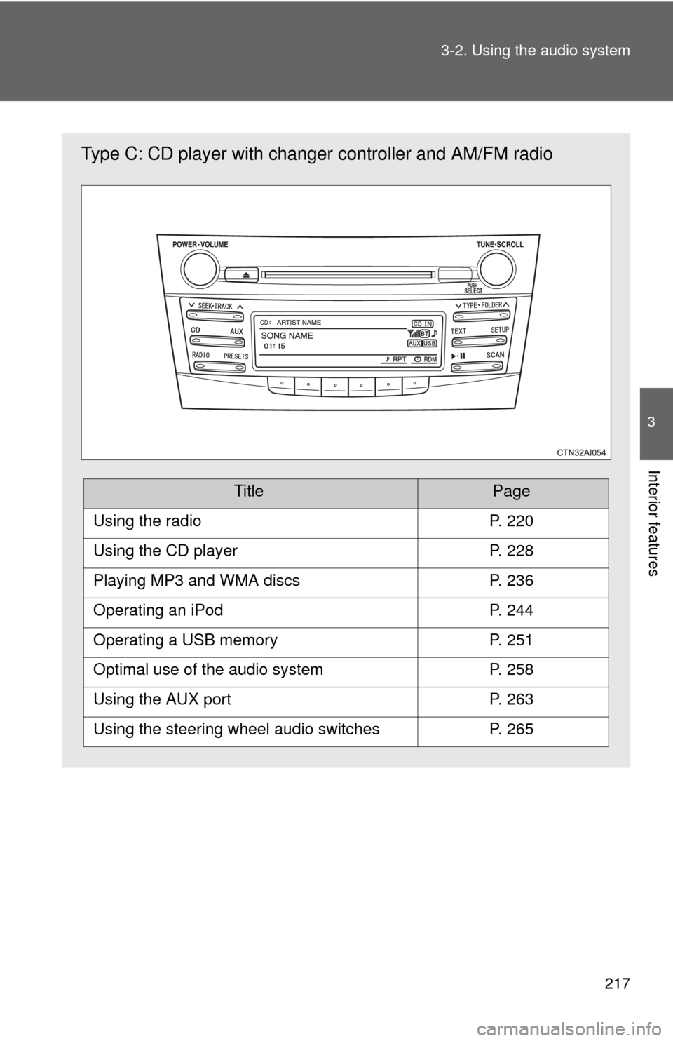 TOYOTA CAMRY 2011 XV50 / 9.G Owners Manual 217
3-2. Using the audio system
3
Interior features
Type C: CD player with changer
 controller and AM/FM radio
TitlePage
Using the radioP. 220
Using the CD playerP. 228
Playing MP3 and WMA discsP. 236
