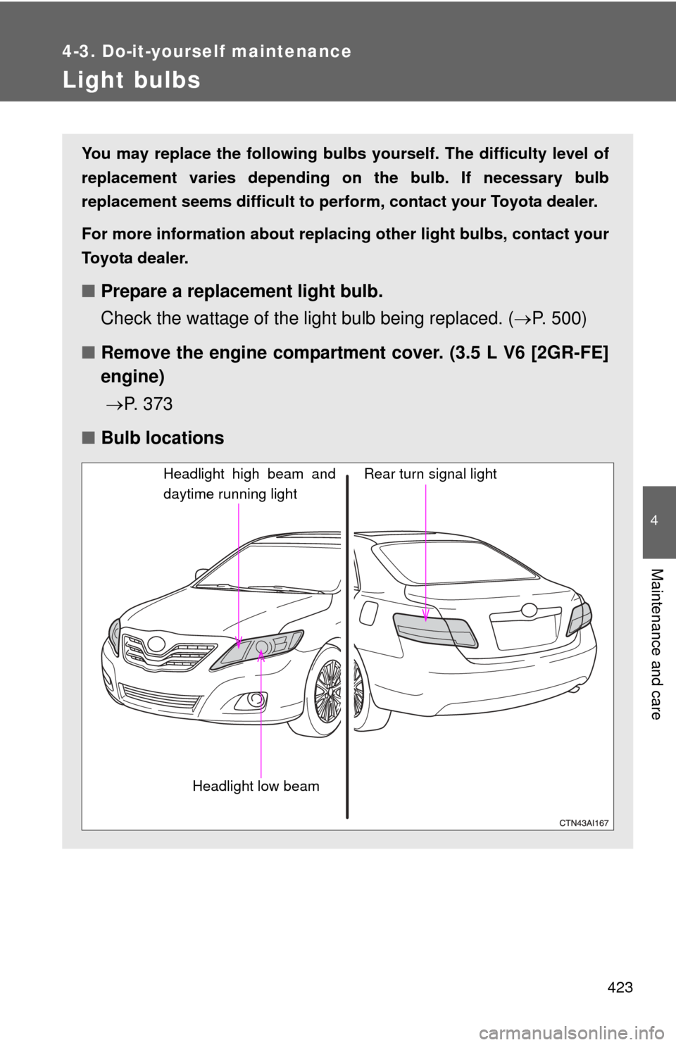 TOYOTA CAMRY 2011 XV50 / 9.G Owners Manual 423
4-3. Do-it-yourself maintenance
4
Maintenance and care
Light bulbs
You may replace the following bulbs yourself. The difficulty level of
replacement varies depending on the bulb. If necessary bulb TOYOTA CAMRY 2011 XV50 / 9.G Owners Manual 423
4-3. Do-it-yourself maintenance
4
Maintenance and care
Light bulbs
You may replace the following bulbs yourself. The difficulty level of
replacement varies depending on the bulb. If necessary bulb