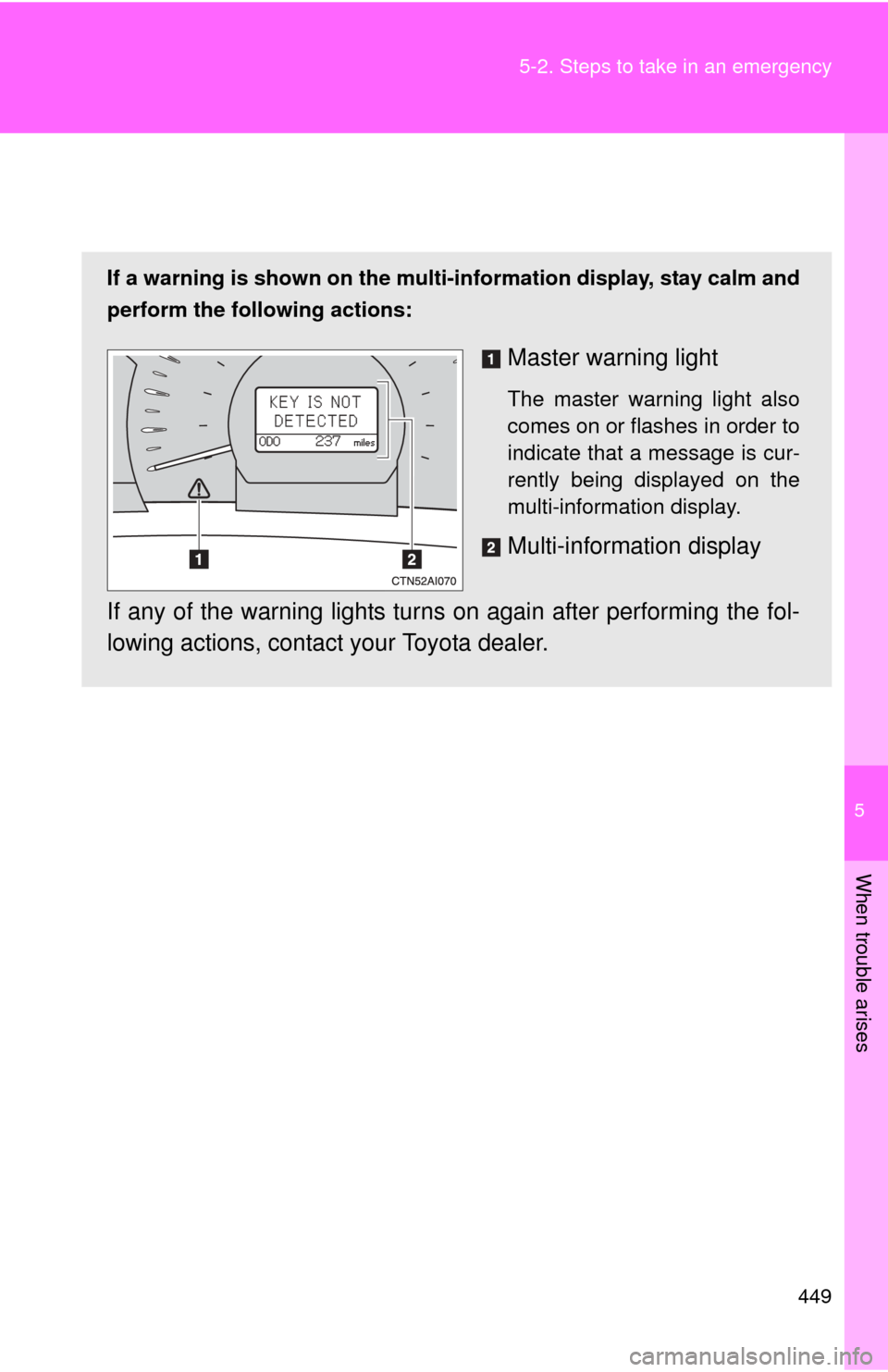 TOYOTA CAMRY 2011 XV50 / 9.G Owners Manual 5
When trouble arises
449
5-2. Steps to take in an emergency
If a war ning message is displayed (vehicles with multi-infor mation display)
If a warning is shown on the multi-
information display, stay TOYOTA CAMRY 2011 XV50 / 9.G Owners Manual 5
When trouble arises
449
5-2. Steps to take in an emergency
If a war ning message is displayed (vehicles with multi-infor mation display)
If a warning is shown on the multi-
information display, stay