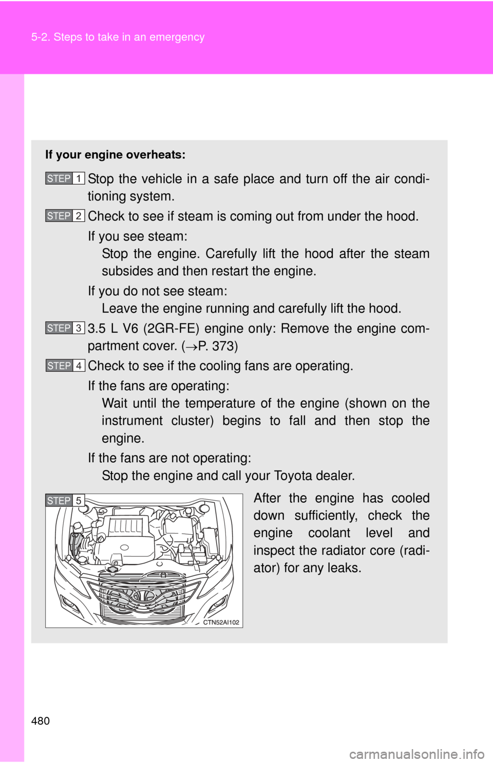 TOYOTA CAMRY 2011 XV50 / 9.G Owners Manual 480 5-2. Steps to take in an emergency
If your vehicle overheats
If your engine overheats:
Stop the vehicle in a safe place and turn off the air condi-
tioning system.
Check to see if steam is coming TOYOTA CAMRY 2011 XV50 / 9.G Owners Manual 480 5-2. Steps to take in an emergency
If your vehicle overheats
If your engine overheats:
Stop the vehicle in a safe place and turn off the air condi-
tioning system.
Check to see if steam is coming
