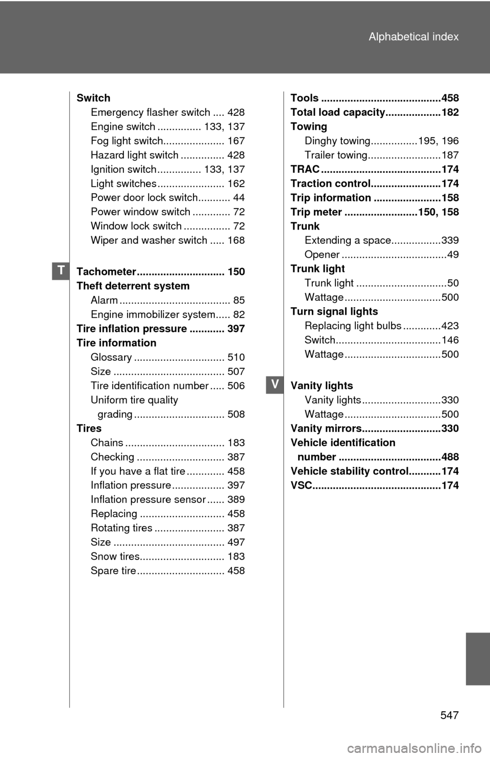 TOYOTA CAMRY 2011 XV50 / 9.G Owners Manual 547
Alphabetical index
Switch
Emergency flasher switch .... 428
Engine switch ............... 133, 137
Fog light switch..................... 167
Hazard light switch ............... 428
Ignition switch