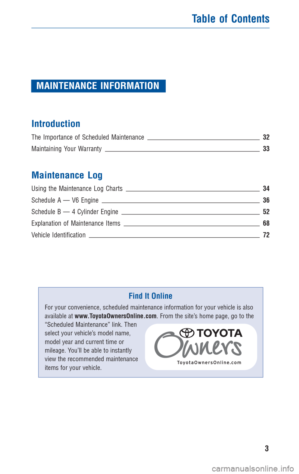 TOYOTA CAMRY 2011 XV50 / 9.G Warranty And Maintenance Guide MAINTENANCE INFORMATION
Introduction
The Importance of Scheduled Maintenance32
Maintaining Your Warranty33
Maintenance Log
Using the Maintenance Log Charts34
ScheduleA—V6Engine36
ScheduleB—4Cylind