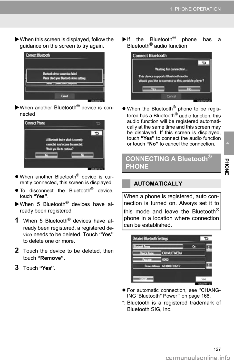 TOYOTA CAMRY 2012 XV50 / 9.G Navigation Manual 127
1. PHONE OPERATION
4
PHONE
When this screen is di splayed, follow the
guidance on the screen to try again.
When another Bluetooth® device is con-
nected
When another Bluetooth
® TOYOTA CAMRY 2012 XV50 / 9.G Navigation Manual 127
1. PHONE OPERATION
4
PHONE
When this screen is di splayed, follow the
guidance on the screen to try again.
When another Bluetooth® device is con-
nected
When another Bluetooth
®