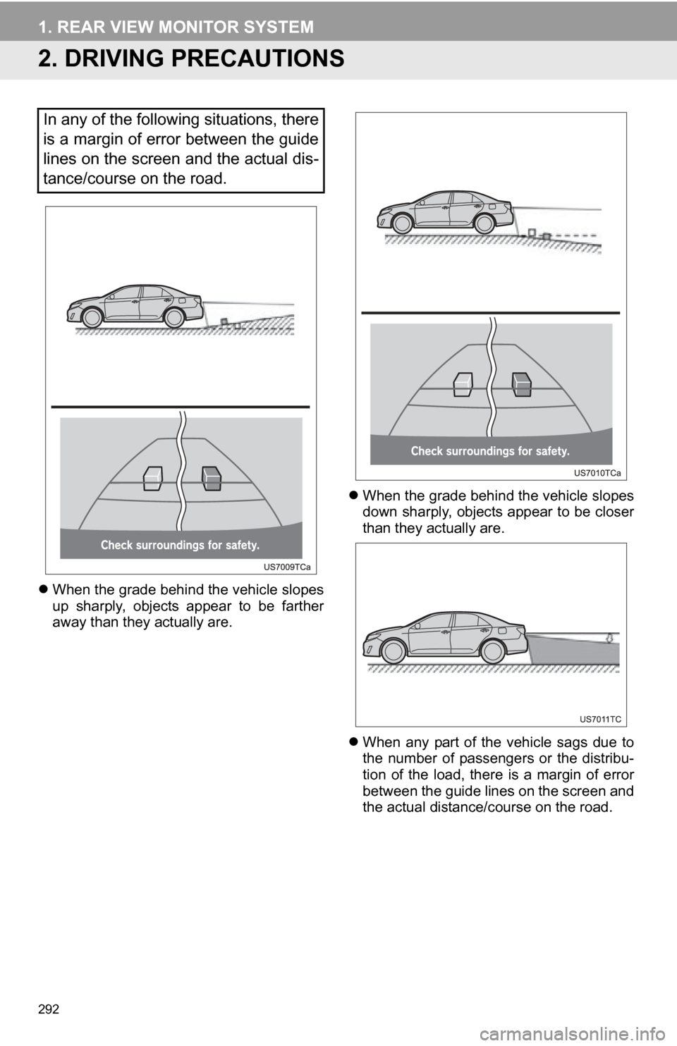 TOYOTA CAMRY 2012 XV50 / 9.G Navigation Manual 292
1. REAR VIEW MONITOR SYSTEM
2. DRIVING PRECAUTIONS
When the grade behind the vehicle slopes
up sharply, objects appear to be farther
away than they actually are.
When the grade behind TOYOTA CAMRY 2012 XV50 / 9.G Navigation Manual 292
1. REAR VIEW MONITOR SYSTEM
2. DRIVING PRECAUTIONS
When the grade behind the vehicle slopes
up sharply, objects appear to be farther
away than they actually are.
When the grade behind