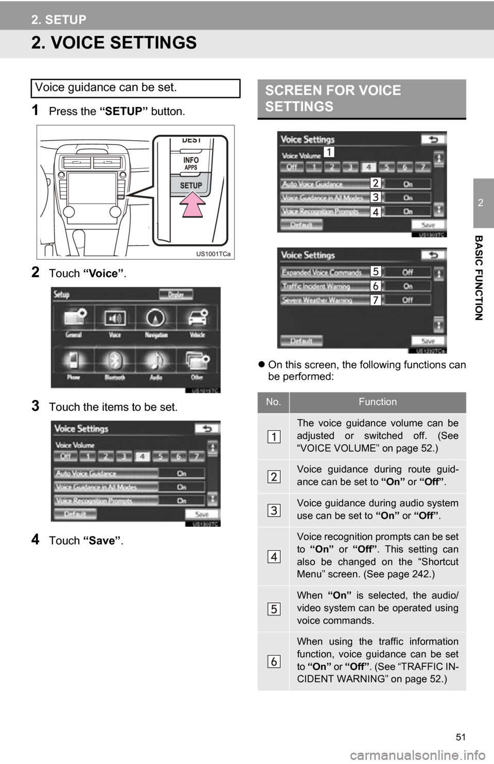 TOYOTA CAMRY 2012 XV50 / 9.G Navigation Manual 51
2. SETUP
2
BASIC FUNCTION
2. VOICE SETTINGS
1Press the “SETUP” button.
2Touch “Voice”.
3Touch the items to be set.
4Touch “Save” .
On this screen, the following functions can
be perf TOYOTA CAMRY 2012 XV50 / 9.G Navigation Manual 51
2. SETUP
2
BASIC FUNCTION
2. VOICE SETTINGS
1Press the “SETUP” button.
2Touch “Voice”.
3Touch the items to be set.
4Touch “Save” .
On this screen, the following functions can
be perf