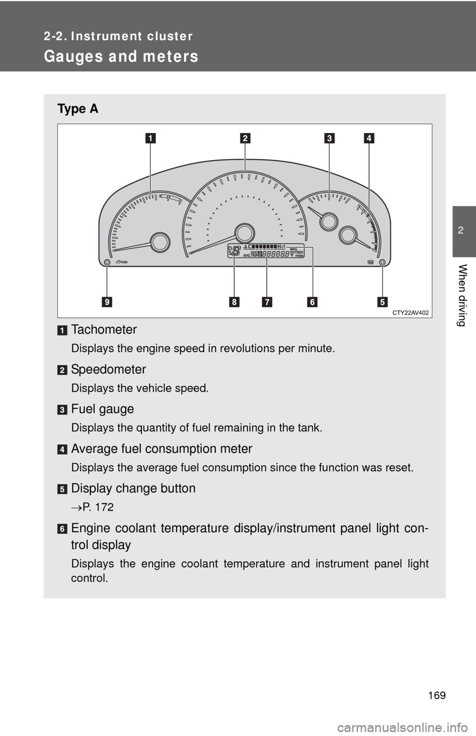 TOYOTA CAMRY 2012 XV50 / 9.G Owners Manual 169
2
When driving
2-2. Instrument cluster
Gauges and meters
Ty p e  ATachometer
Displays the engine speed in revolutions per minute.
Speedometer
Displays the vehicle speed.
Fuel gauge
Displays the qu