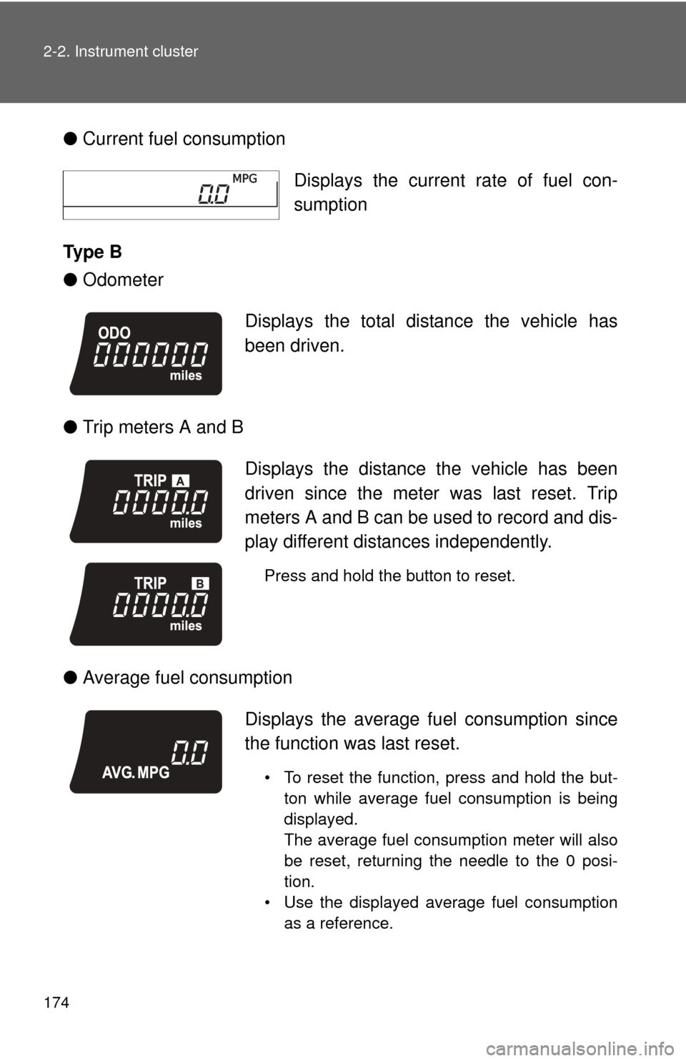 TOYOTA CAMRY 2012 XV50 / 9.G Owners Manual 174 2-2. Instrument cluster
●Current fuel consumption
Ty p e  B
● Odometer
● Trip meters A and B
● Average fuel consumption Displays the current rate of fuel con-
sumption
Displays the total d
