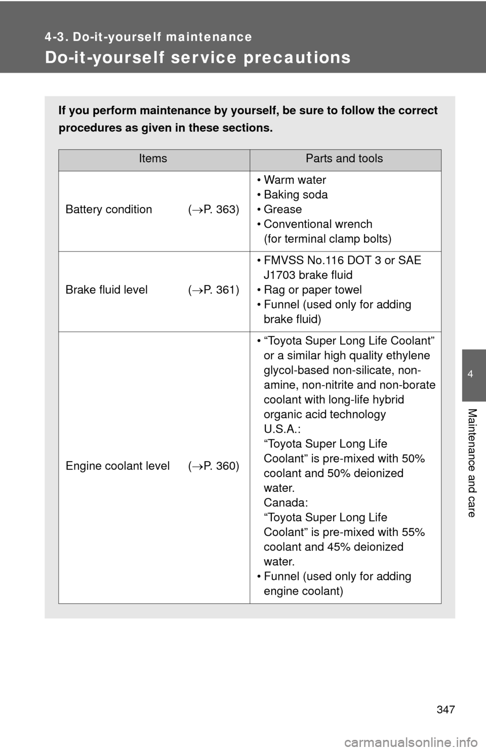 TOYOTA CAMRY 2012 XV50 / 9.G Owners Manual 347
4
Maintenance and care
4-3. Do-it-yourself maintenance
Do-it-yourself ser vice precautions
If you perform maintenance by yourself, be sure to follow the correct
procedures as given in these sectio