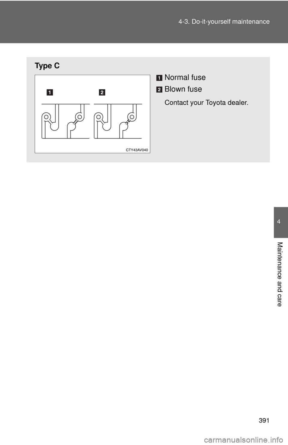 TOYOTA CAMRY 2012 XV50 / 9.G Owners Manual 391
4-3. Do-it-yourself maintenance
4
Maintenance and care
Ty p e  C
Normal fuse
Blown fuse
Contact your Toyota dealer. 
