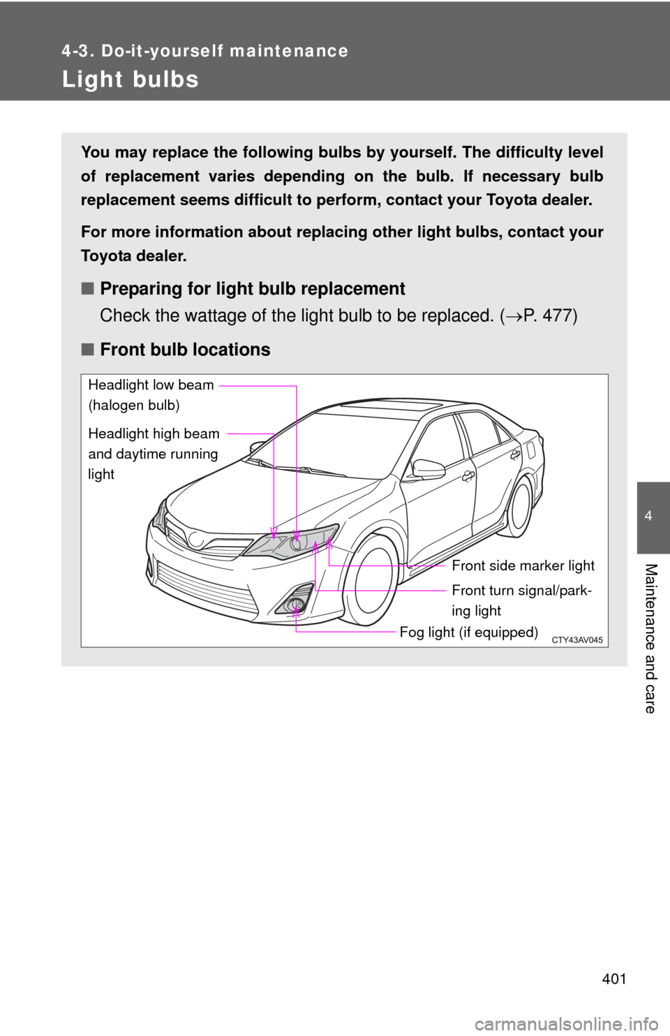 TOYOTA CAMRY 2012 XV50 / 9.G Owners Manual 401
4-3. Do-it-yourself maintenance
4
Maintenance and care
Light bulbs
You may replace the following bulbs by yourself. The difficulty level
of replacement varies depending on the bulb. If necessary b