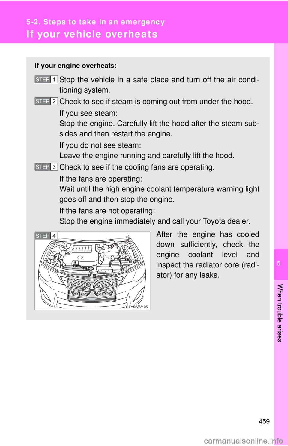 TOYOTA CAMRY 2012 XV50 / 9.G Owners Manual 5
When trouble arises
459
5-2. Steps to take in an emergency
If your vehicle overheats
If your engine overheats:
Stop the vehicle in a safe place and turn off the air condi-
tioning system.
Check to s