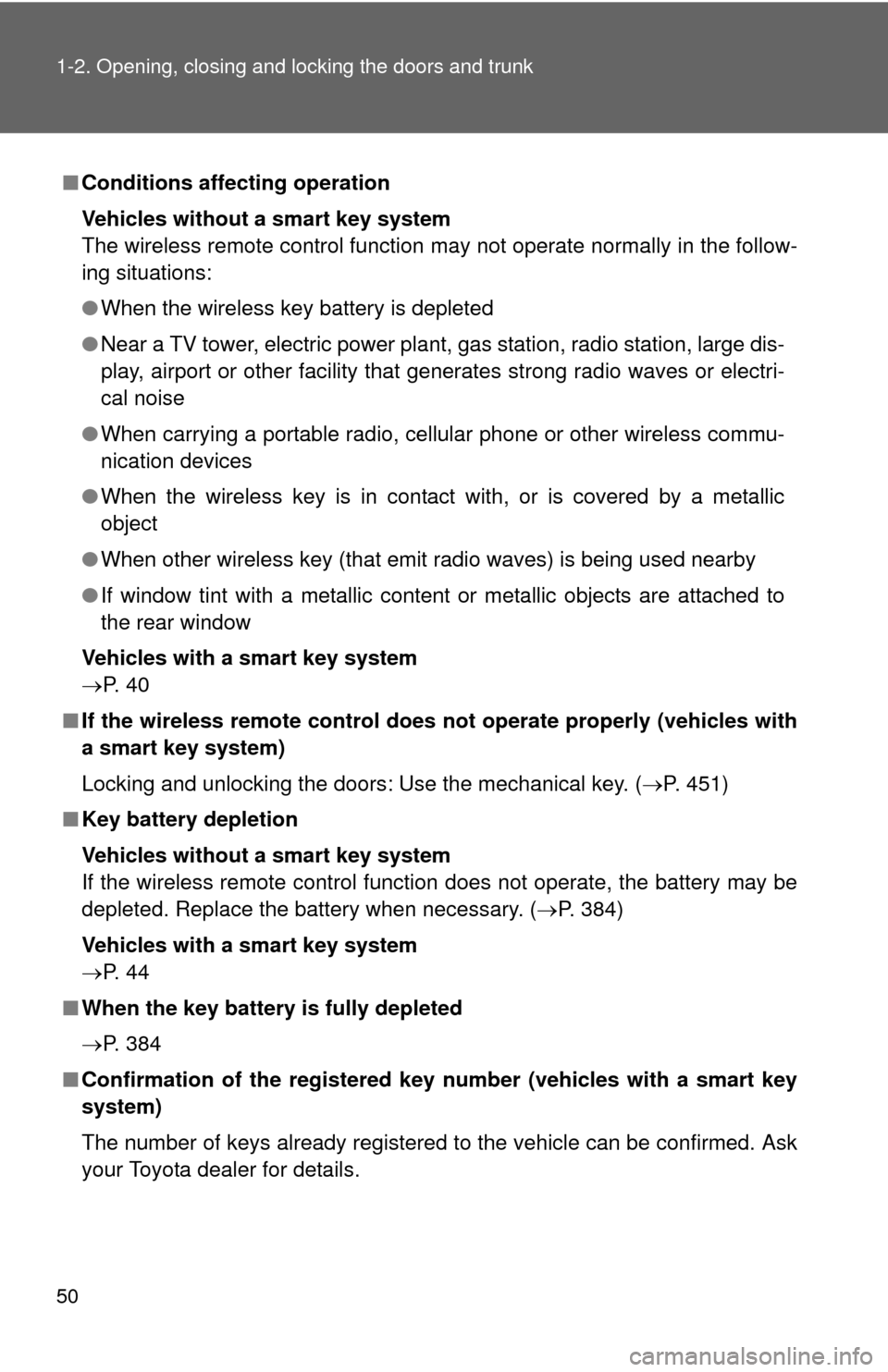 TOYOTA CAMRY 2012 XV50 / 9.G Service Manual 50 1-2. Opening, closing and locking the doors and trunk
■Conditions affecting operation
Vehicles without a smart key system
The wireless remote control function may not operate normally in the foll