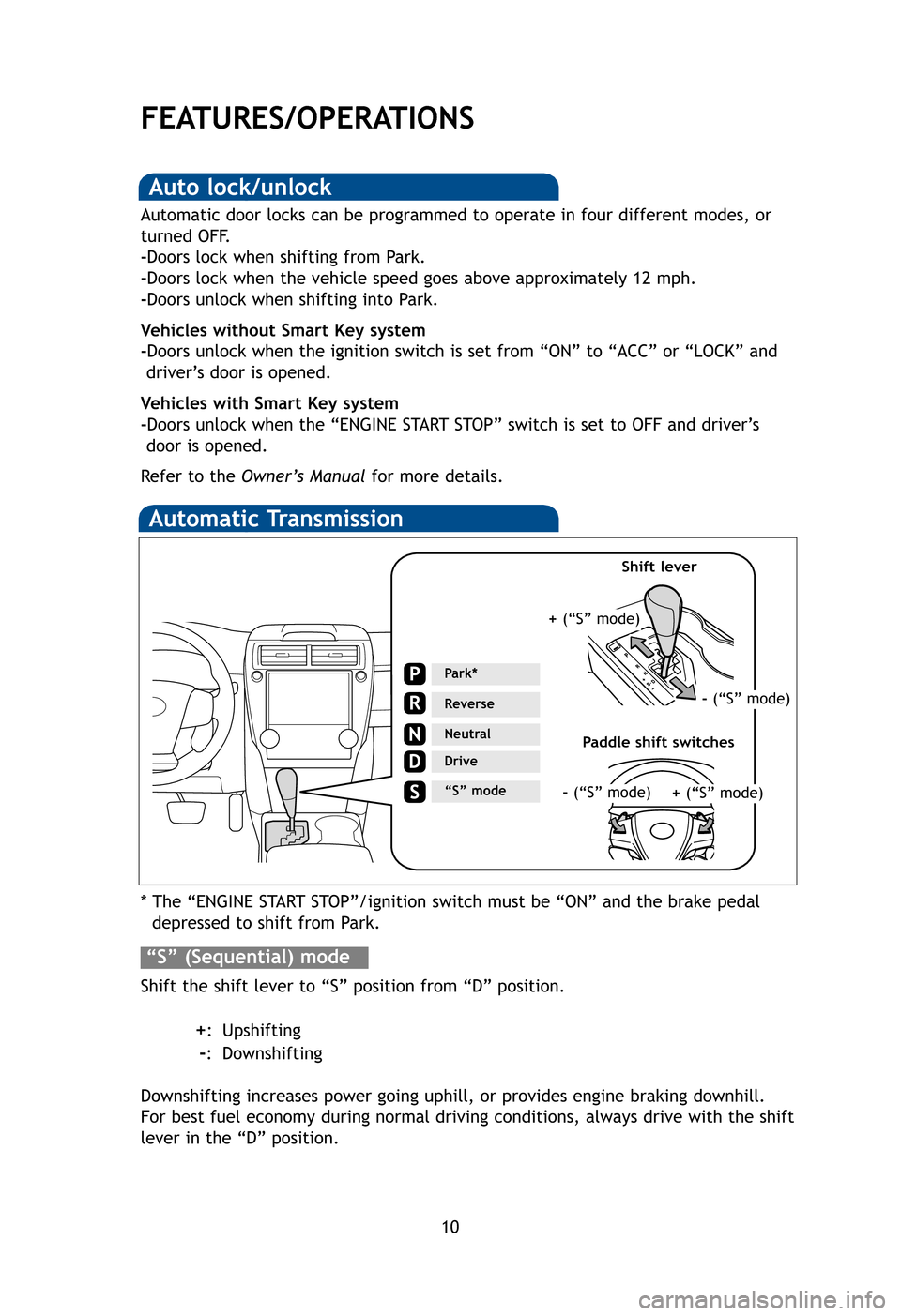 TOYOTA CAMRY 2012 XV50 / 9.G Quick Reference Guide 10
FEATURES/OPERATIONS
Automatic Transmission
* The “ENGINE START STOP”/ignition switch must be “ON” and the brake pedaldepressed to shift from Park.
Shift the shift lever to “S” position TOYOTA CAMRY 2012 XV50 / 9.G Quick Reference Guide 10
FEATURES/OPERATIONS
Automatic Transmission
* The “ENGINE START STOP”/ignition switch must be “ON” and the brake pedaldepressed to shift from Park.
Shift the shift lever to “S” position