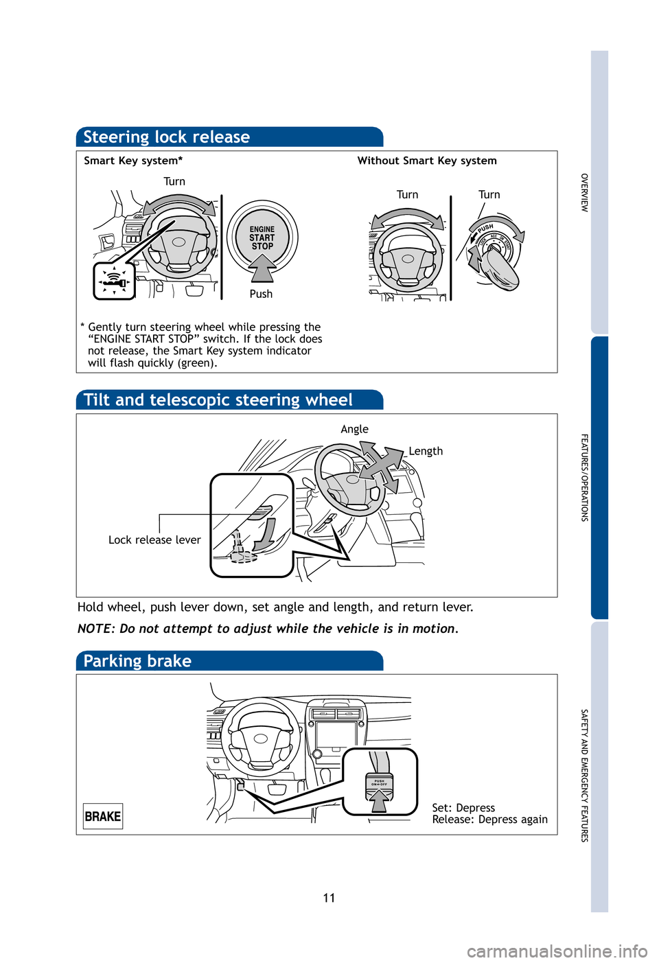 TOYOTA CAMRY 2012 XV50 / 9.G Quick Reference Guide OVERVIEW
FEATURES/OPERATIONS
SAFETY AND EMERGENCY FEATURES
11
.shift
Steering lock release
Turn
Turn
Smart Key system*
Without Smart Key system
Push
Turn
Parking brake
or
nd
Set: Depress
Release: Depr