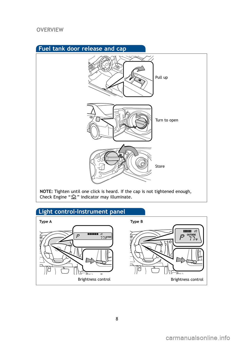TOYOTA CAMRY 2012 XV50 / 9.G Quick Reference Guide 8
HoFuel tank door release and cap
NOTE:Tighten until one click is heard. If the cap is not tightened enough,
Check Engine “ ” indicator may illuminate.
Pull up
Turn to open
Store
E
E
E
W
NOT
Ligh TOYOTA CAMRY 2012 XV50 / 9.G Quick Reference Guide 8
HoFuel tank door release and cap
NOTE:Tighten until one click is heard. If the cap is not tightened enough,
Check Engine “ ” indicator may illuminate.
Pull up
Turn to open
Store
E
E
E
W
NOT
Ligh