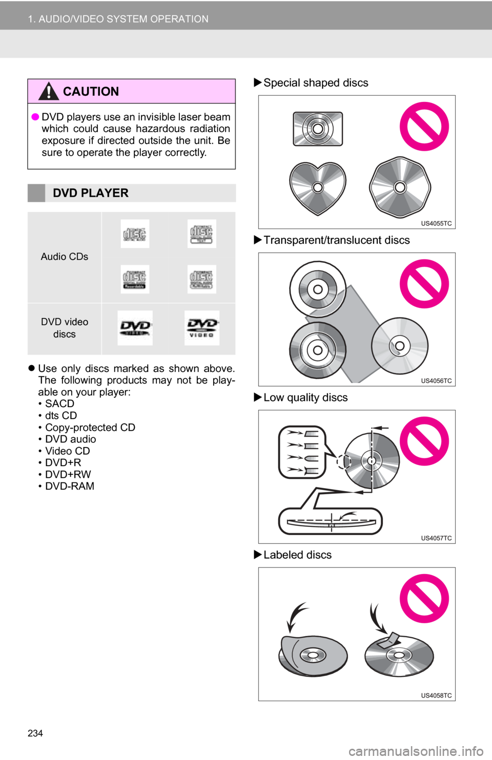 TOYOTA CAMRY 2013 XV50 / 9.G Navigation Manual 234
1. AUDIO/VIDEO SYSTEM OPERATION
Use  only  discs  marked  as  shown  above.
The  following  products  may  not  be  play-
able on your player:
•SACD
•dts CD
• Copy-protected CD
• DVD au