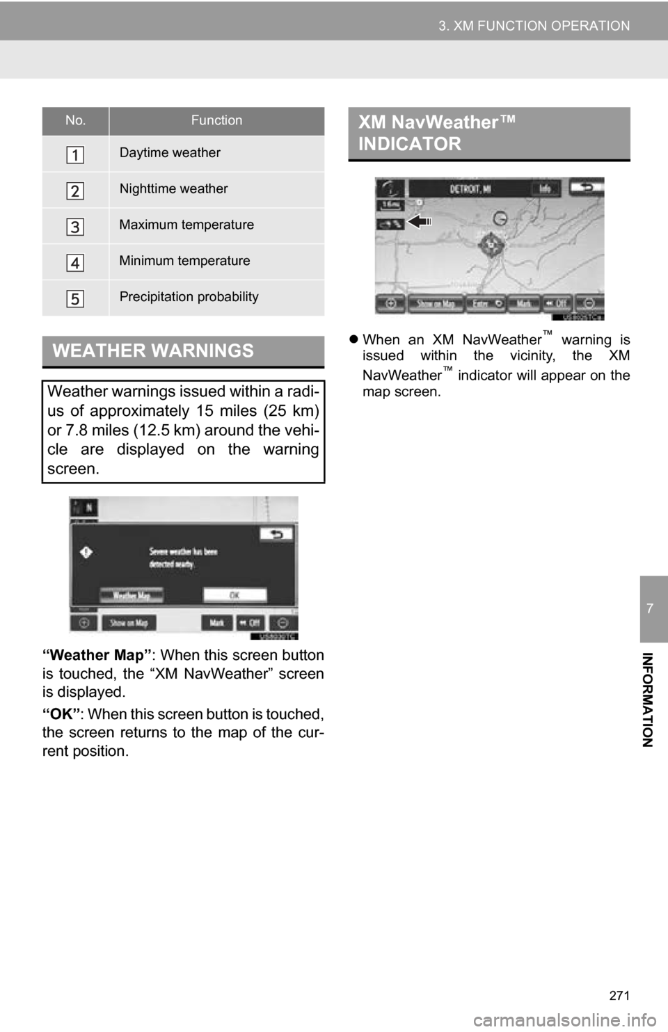 TOYOTA CAMRY 2013 XV50 / 9.G Navigation Manual 271
3. XM FUNCTION OPERATION
7
INFORMATION“Weather Map”: When this screen button
is touched, the “XM NavWeather” screen
is displayed.
“OK” : When this screen button is touched,
the s TOYOTA CAMRY 2013 XV50 / 9.G Navigation Manual 271
3. XM FUNCTION OPERATION
7
INFORMATION“Weather Map”: When this screen button
is touched, the “XM NavWeather” screen
is displayed.
“OK” : When this screen button is touched,
the s