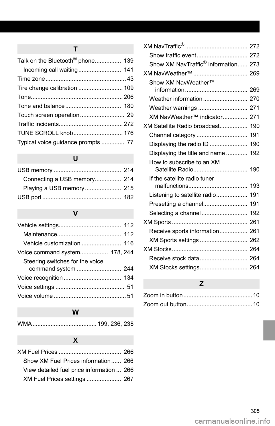 TOYOTA CAMRY 2013 XV50 / 9.G Navigation Manual 305
T
Talk on the Bluetooth® phone................  139
Incoming call waiting ..........................  141
Time zone ................................................. 43
Tire change calibration ..