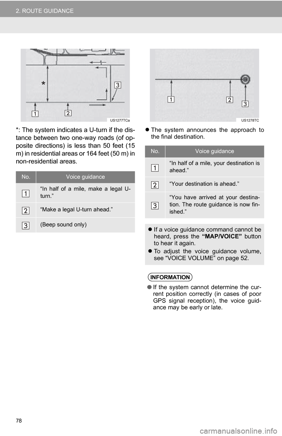 TOYOTA CAMRY 2013 XV50 / 9.G Navigation Manual 78
2. ROUTE GUIDANCE
*: The system indicates a U-turn if the dis-
tance between two one-way  roads  (of  op-
posite  directions)  is  less  than  50  feet  (15
m) in residential areas or 164 feet (50 