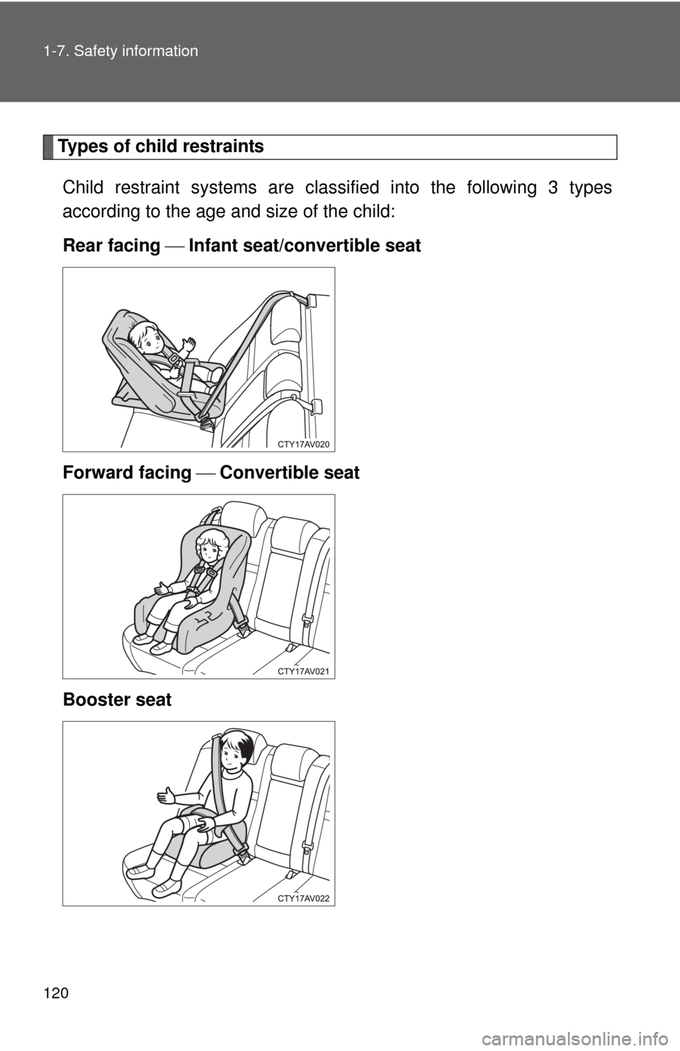 TOYOTA CAMRY 2013 XV50 / 9.G Owners Manual 120 1-7. Safety information
Types of child restraintsChild restraint systems are clas sified into the following 3 types
according to the age and size of the child:
Rear facing Infant seat/convert TOYOTA CAMRY 2013 XV50 / 9.G Owners Manual 120 1-7. Safety information
Types of child restraintsChild restraint systems are clas sified into the following 3 types
according to the age and size of the child:
Rear facing Infant seat/convert