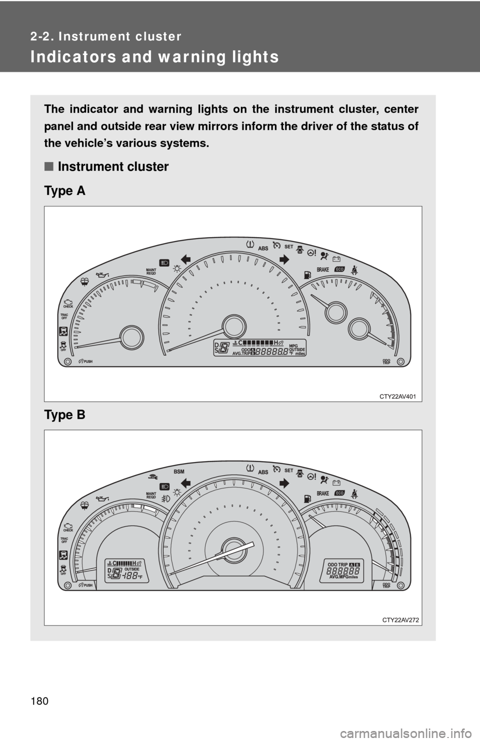 TOYOTA CAMRY 2013 XV50 / 9.G Owners Manual 180
2-2. Instrument cluster
Indicators and warning lights
The indicator and warning lights on the instrument cluster, center
panel and outside rear view mirrors inform the driver of the status of
the 