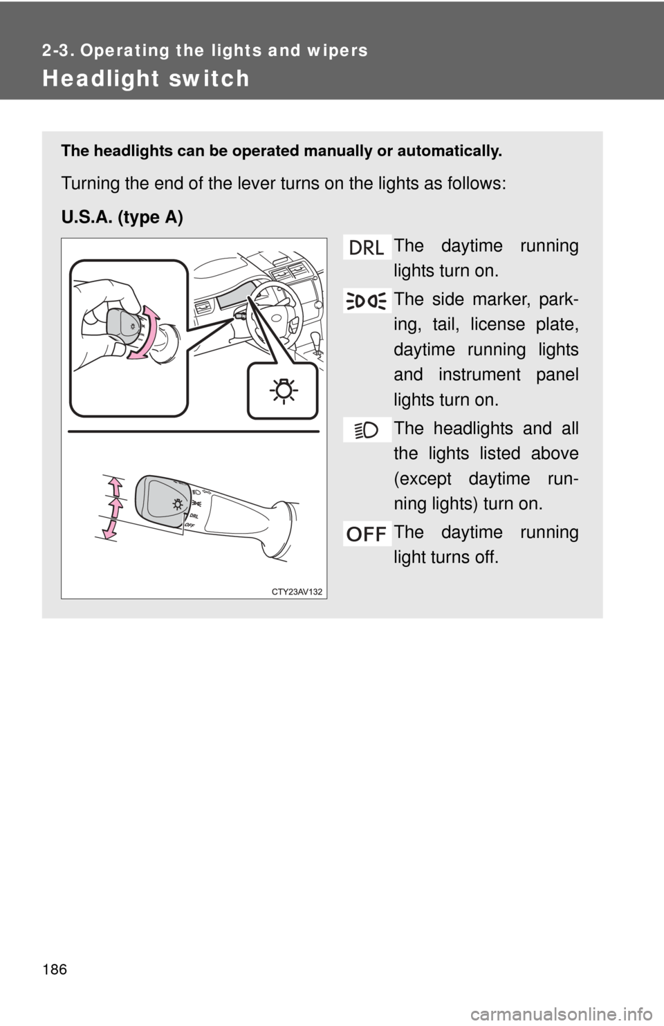 TOYOTA CAMRY 2013 XV50 / 9.G Owners Manual 186
2-3. Operating the lights and wipers
Headlight switch
The headlights can be operated manually or automatically.
Turning the end of the lever turns on the lights as follows:
U.S.A. (type A)
The day