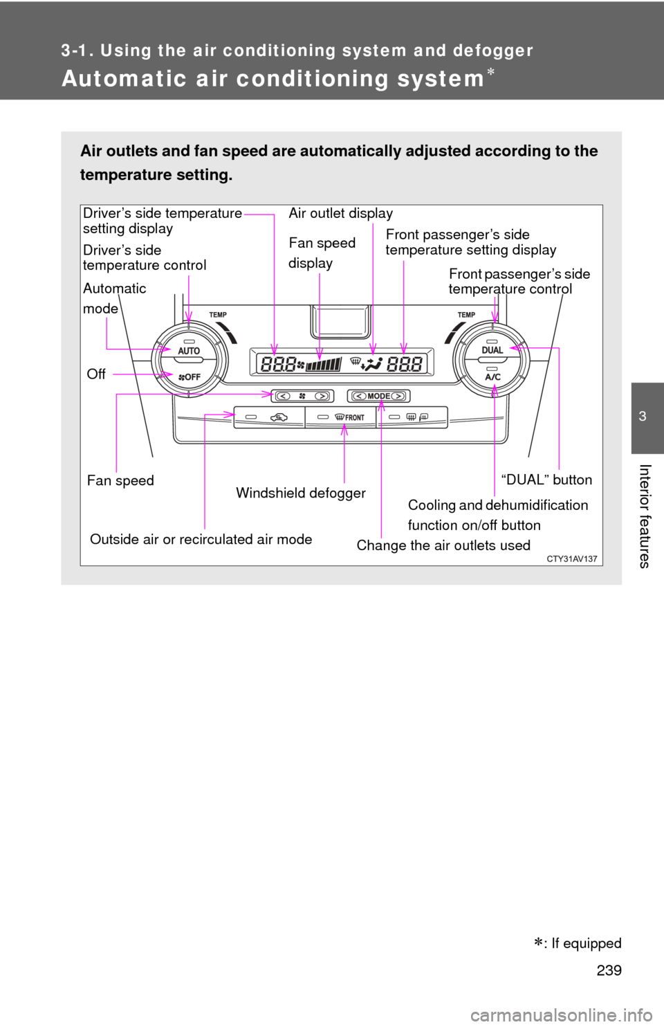 TOYOTA CAMRY 2013 XV50 / 9.G Owners Manual 239
3-1. Using the air conditioning system and defogger
3
Interior features
Automatic air conditioning system
: If equipped
Air outlets and fan speed are automatically adjusted according to the
TOYOTA CAMRY 2013 XV50 / 9.G Owners Manual 239
3-1. Using the air conditioning system and defogger
3
Interior features
Automatic air conditioning system
: If equipped
Air outlets and fan speed are automatically adjusted according to the