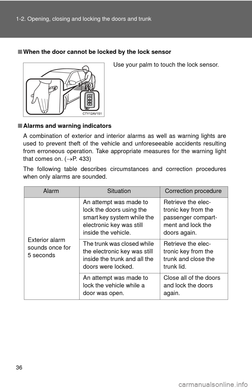 TOYOTA CAMRY 2013 XV50 / 9.G Owners Manual 36 1-2. Opening, closing and locking the doors and trunk
■When the door cannot be locked by the lock sensor
■ Alarms and warning indicators
A combination of exterior and interior alarms as well as