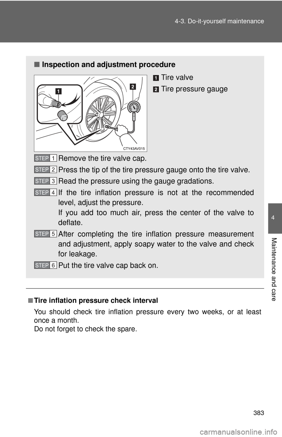 TOYOTA CAMRY 2013 XV50 / 9.G Owners Manual 383
4-3. Do-it-yourself maintenance
4
Maintenance and care
■Tire inflation pressure check interval
You should check tire inflation pressure every two weeks, or at least
once a month.
Do not forget t