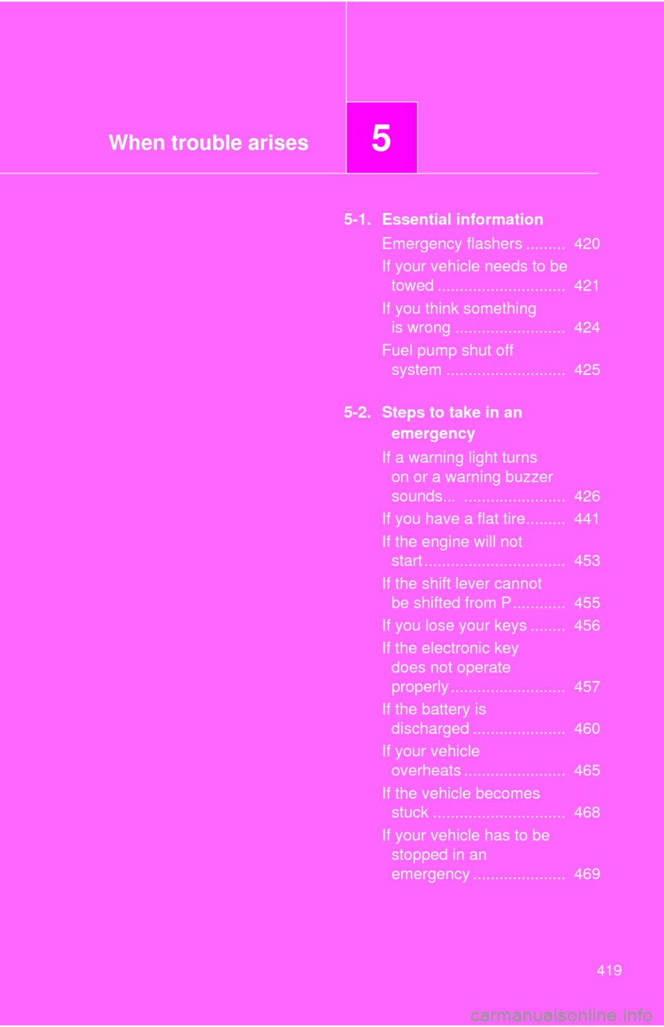 TOYOTA CAMRY 2013 XV50 / 9.G Owners Manual When trouble arises5
419
5-1. Essential informationEmergency flashers .........  420
If your vehicle needs to be towed .............................  421
If you think something  is wrong .............