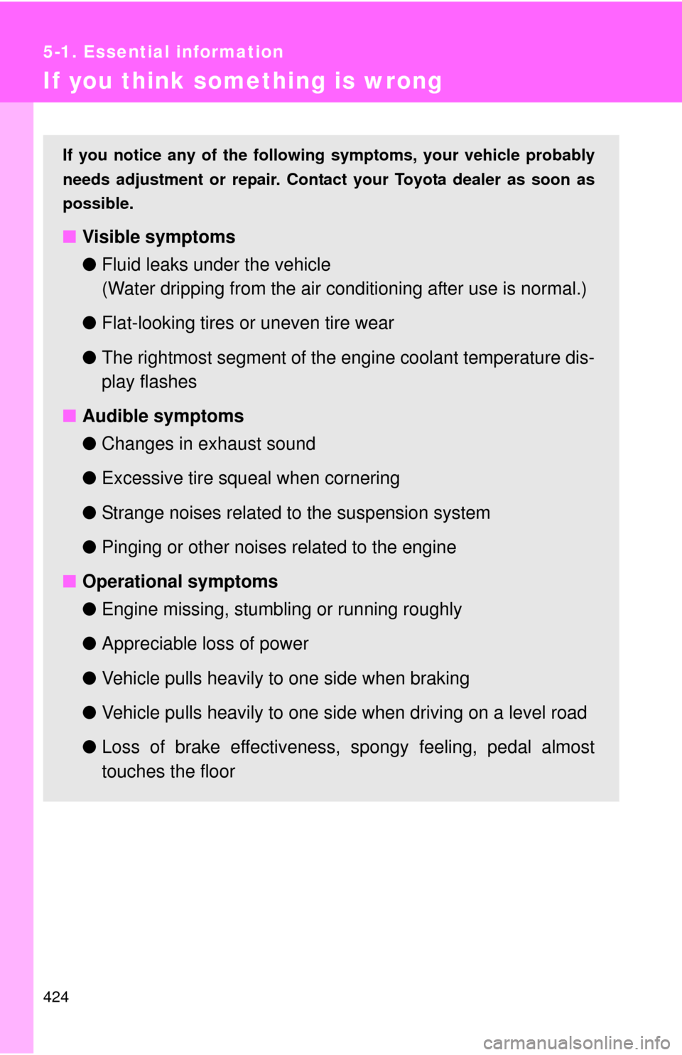 TOYOTA CAMRY 2013 XV50 / 9.G Owners Manual 424
5-1. Essential information
If you think something is wrong
If you notice any of the following symptoms, your vehicle probably
needs adjustment or repair. Contact your Toyota dealer as soon as
poss