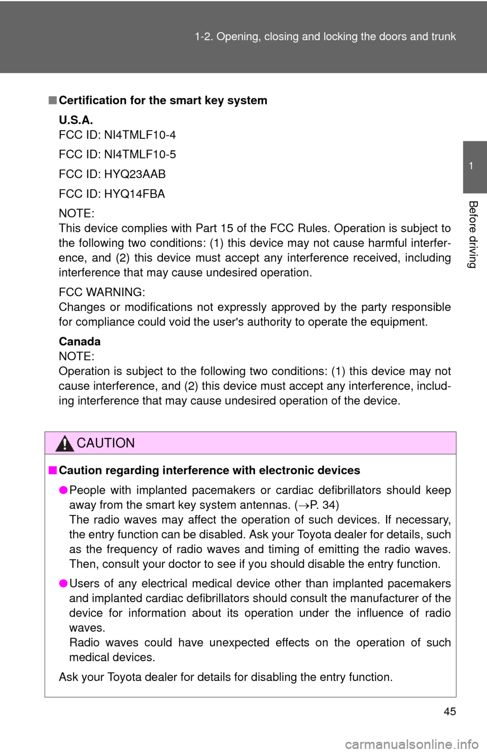 TOYOTA CAMRY 2013 XV50 / 9.G Service Manual 45
1-2. Opening, closing and locking the doors and trunk
1
Before driving
■
Certification for the smart key system
U.S.A.
FCC ID: NI4TMLF10-4
FCC ID: NI4TMLF10-5
FCC ID: HYQ23AAB
FCC ID: HYQ14FBA
NO