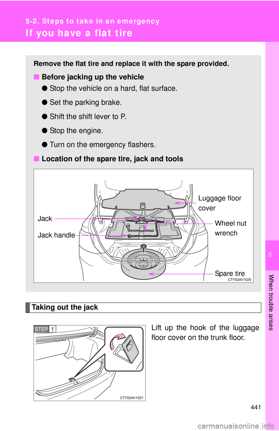 TOYOTA CAMRY 2013 XV50 / 9.G Owners Manual 5
When trouble arises
441
5-2. Steps to take in an emergency
If you have a flat tire
Taking out the jackLift up the hook of the luggage
floor cover on the trunk floor.
Remove the flat tire and replace