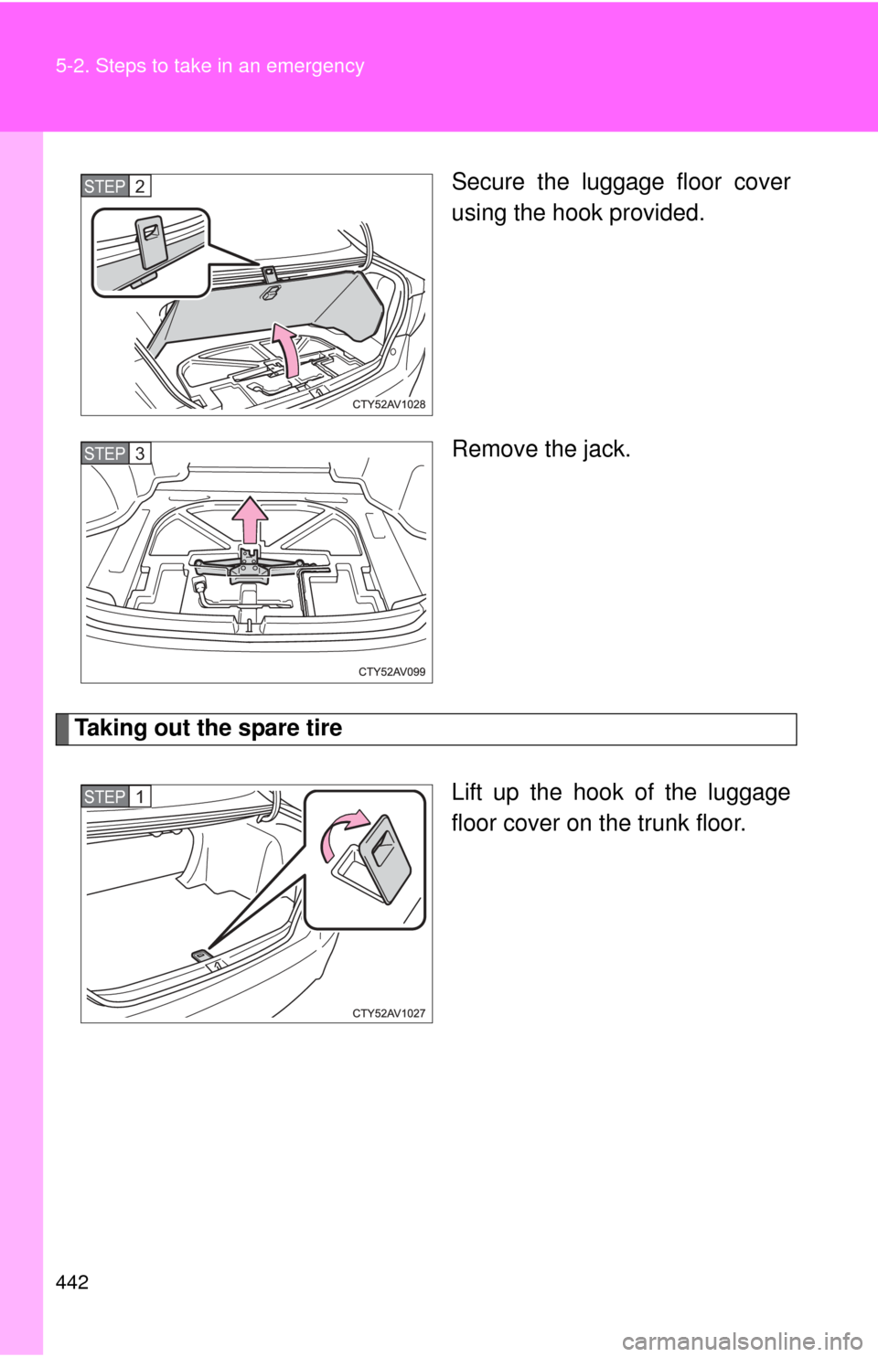 TOYOTA CAMRY 2013 XV50 / 9.G Owners Manual 442 5-2. Steps to take in an emergency
Secure the luggage floor cover
using the hook provided.
Remove the jack.
Taking out the spare tireLift up the hook of the luggage
floor cover on the trunk floor.