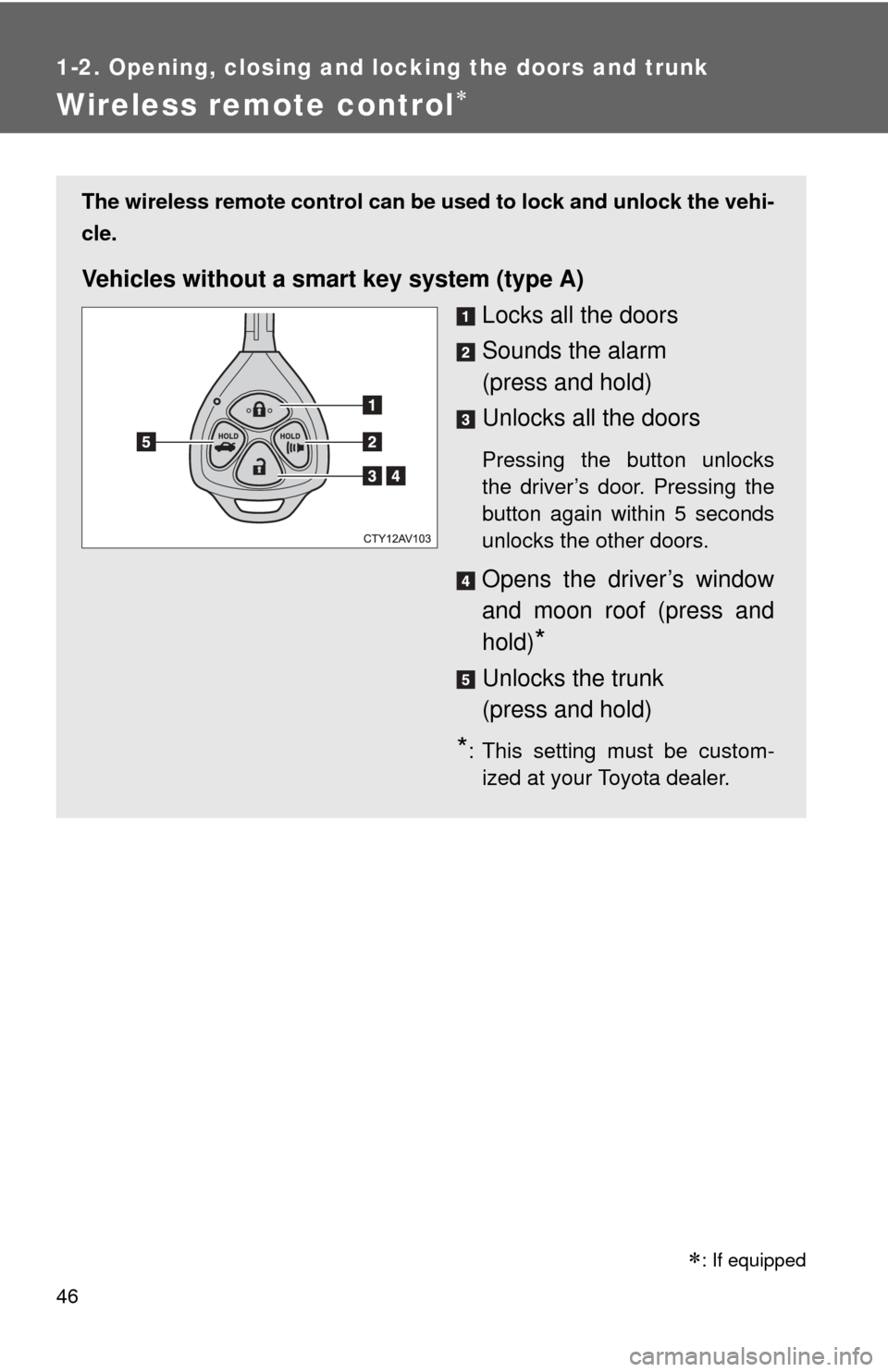 TOYOTA CAMRY 2013 XV50 / 9.G Service Manual 46
1-2. Opening, closing and locking the doors and trunk
Wireless remote control
: If equipped
The wireless remote control can be used to lock and unlock the vehi-
cle.
Vehicles without a smart TOYOTA CAMRY 2013 XV50 / 9.G Service Manual 46
1-2. Opening, closing and locking the doors and trunk
Wireless remote control
: If equipped
The wireless remote control can be used to lock and unlock the vehi-
cle.
Vehicles without a smart