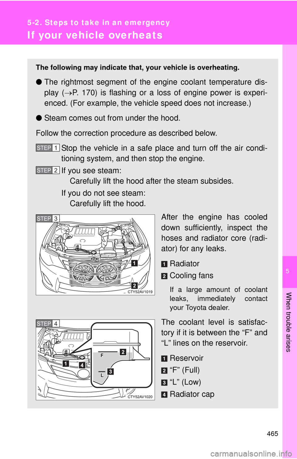 TOYOTA CAMRY 2013 XV50 / 9.G Owners Manual 5
When trouble arises
465
5-2. Steps to take in an emergency
If your vehicle overheats
The following may indicate that, your vehicle is overheating.
●The rightmost segment  of the engine coolant tem