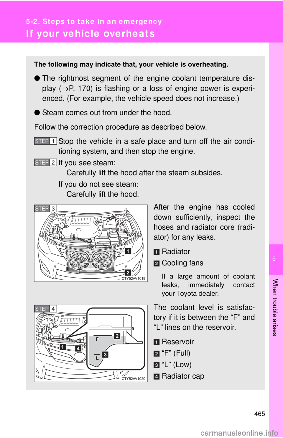 TOYOTA CAMRY 2013 XV50 / 9.G Owners Manual 5
When trouble arises
465
5-2. Steps to take in an emergency
If your vehicle overheats
The following may indicate that, your vehicle is overheating.
●The rightmost segment of the engine coolant tem TOYOTA CAMRY 2013 XV50 / 9.G Owners Manual 5
When trouble arises
465
5-2. Steps to take in an emergency
If your vehicle overheats
The following may indicate that, your vehicle is overheating.
●The rightmost segment of the engine coolant tem